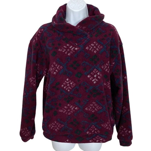Vintage EMS Fleece Pullover Womens Small Burgundy Diamond Pattern Shawl Collar - Picture 1 of 5
